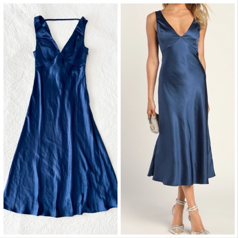 NWOT Lulus Incredible Love Navy Satin Cowl Back Midi Slip Dress Small